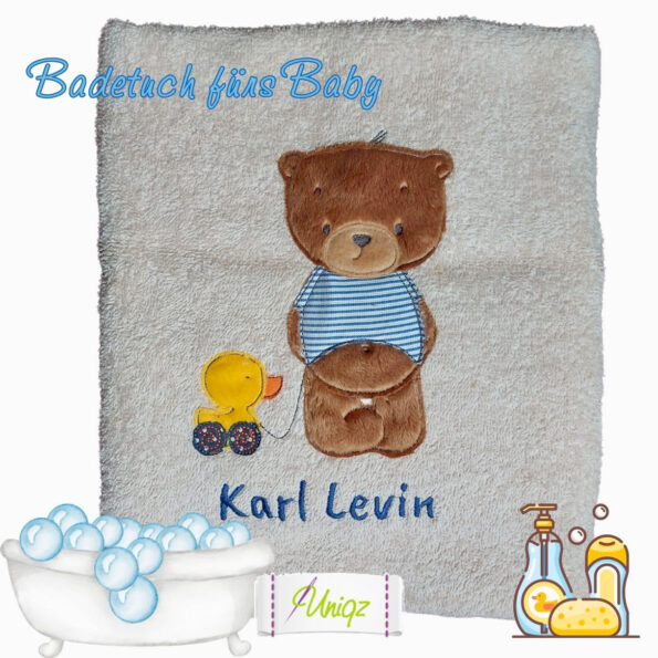 Baby-Badetuch mit Teddy, Quietscheentchen und Namen