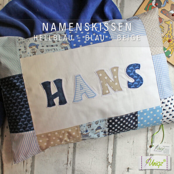 Namenskissen blau beige